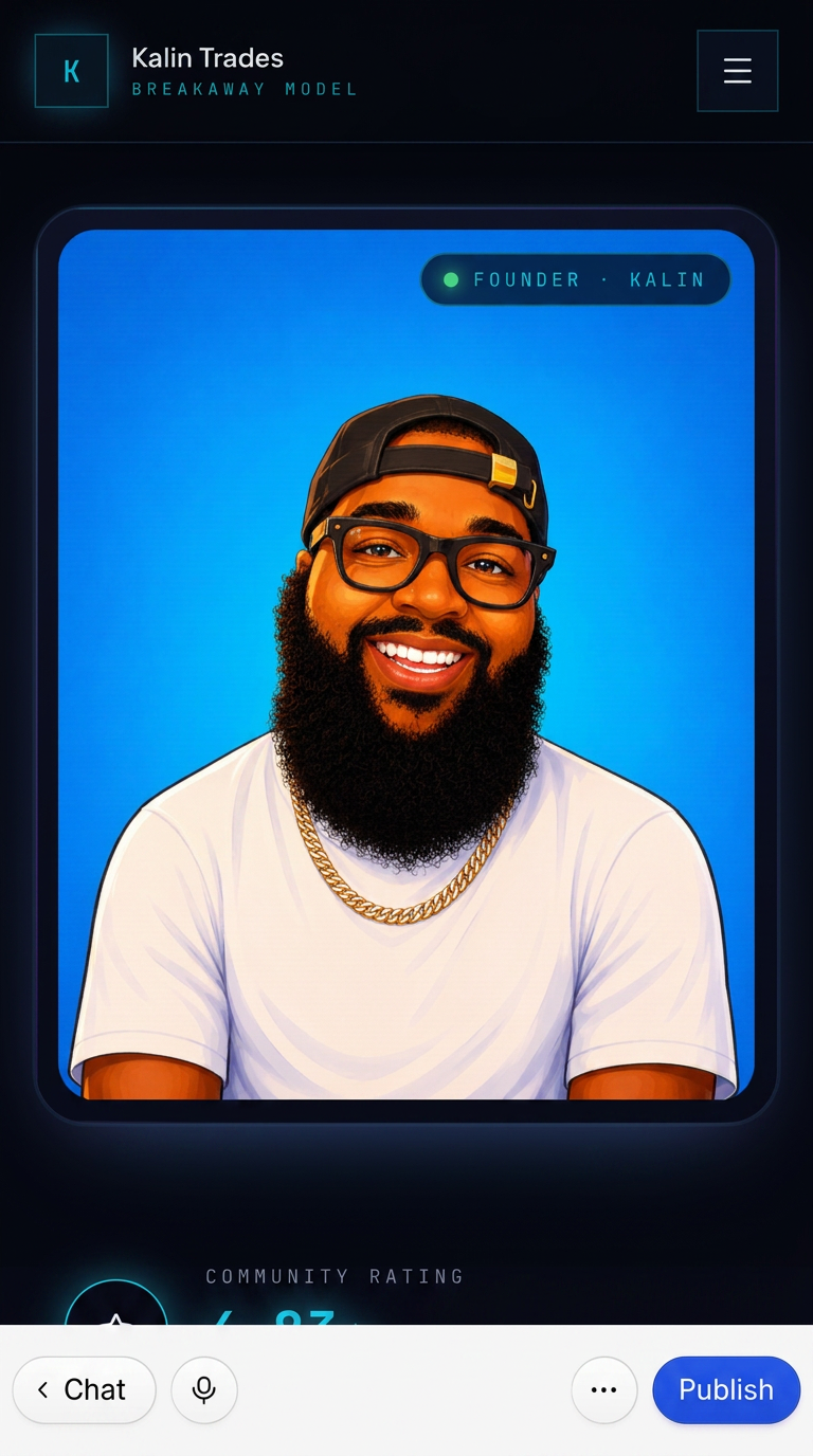 Illustrated portrait of Kalin — backwards cap, glasses, beard, and chain — the founder of Kalin Trades